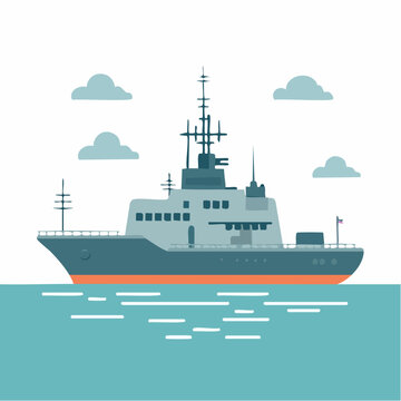 Illustration of a modern warship sailing on the sea with clouds