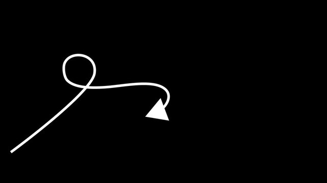 4K wavy dotted line arrow animation following path with target pointer icon on black background.Hand drawn white arrow doodles animation set on transparent background for overlay.