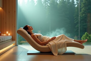 Fototapeta premium Elegant woman relaxing on a modern lounge chair in a luxury spa