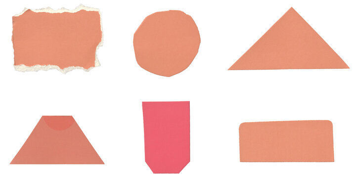 Set of pink cardboard geometric shapes and torn paper pieces isolated on transparent background. Assorted papercraft scraps and craft textures for creative graphic design elements