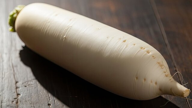 Fresh raw daikon radish on dark wooden background.