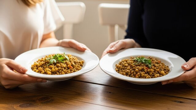 Hands holding bowls of cooked grains and lentils.