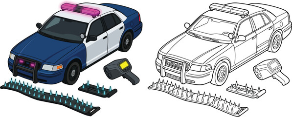 Police car with spike strips and radar gun law enforcement equipment for traffic stop and pursuit isolated on white background © Naveed