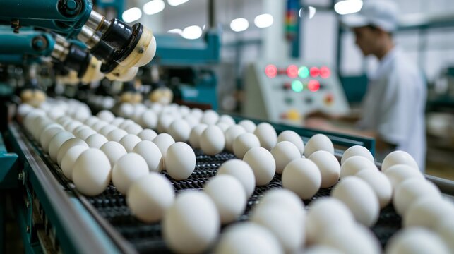 White eggs moving through an automated grading machine sorted by size in a commercial facility.