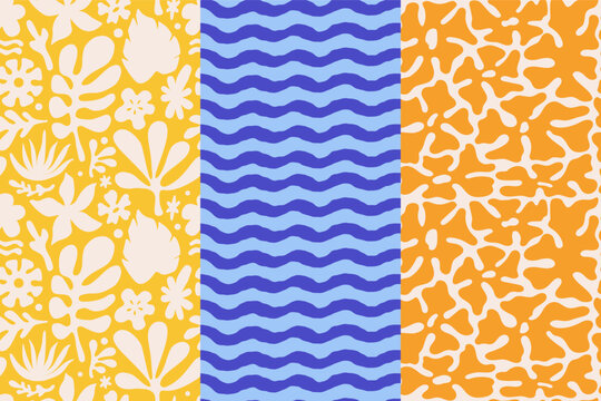 Vector hand-drawn seamless patterns set in a naive abstract art style with sketchy wavy and groovy shapes, dopamine cottage core aesthetic, coastal designs featuring ocean waves, flowers