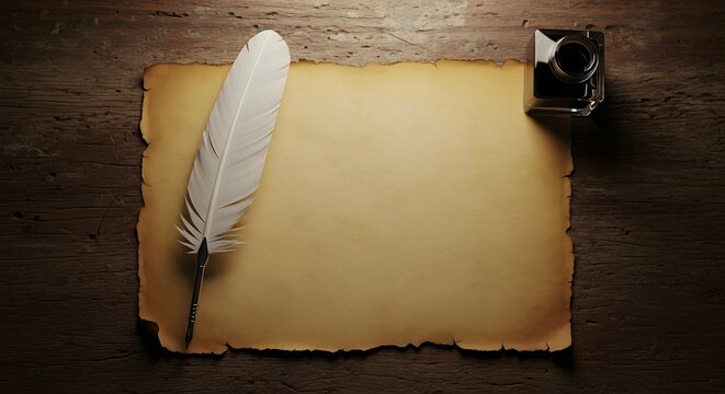 Antique quill pen and inkwell on aged parchment paper vintage writing setup