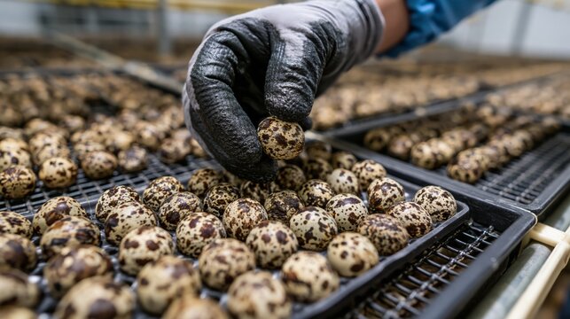 Gloved hands collecting spotted quail eggs into a collection tray in a poultry facility.