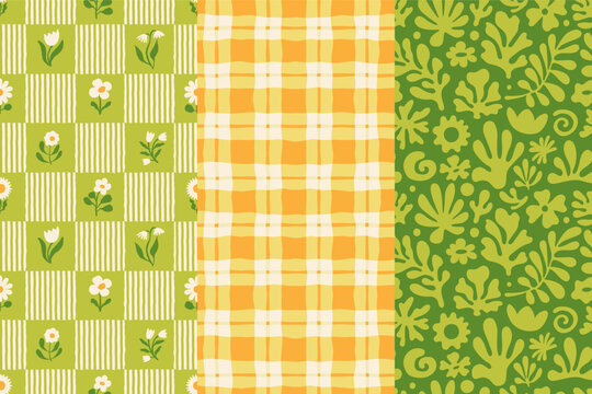 Vector hand-drawn seamless patterns set in a naive abstract art style with sketchy wavy and groovy shapes, dopamine cottage core aesthetic, coastal designs featuring ocean waves, flowers