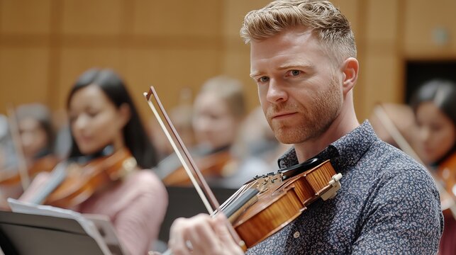 Violinist Performing with Symphony Musicians on Stage, Creating an Emotional Musical Atmosphere