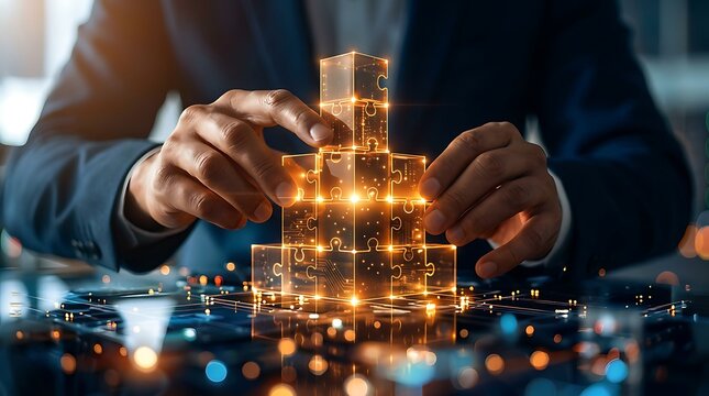 Business Man Assembling Glowing Puzzle Pieces Stacked in Futuristic Digital Circuit Board Environment for Strategic Solution Concept