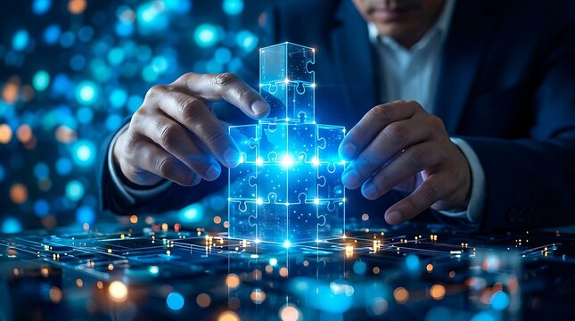 Man's hands assembling a glowing blue digital puzzle structure, symbolizing technology, strategy, and building complex systems in a futuristic network.