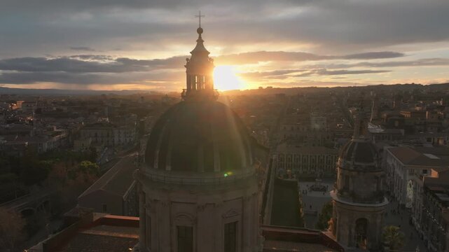 Aerial View of Sunset Above Catania Cityscape and Metropolitan Cathedral of Saint Agatha, Sicily Italy, Drone Shot