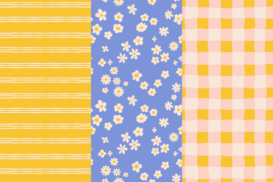 Vector hand-drawn seamless patterns set in a naive abstract art style with sketchy wavy and groovy shapes, dopamine cottage core aesthetic, coastal designs featuring ocean waves, flowers
