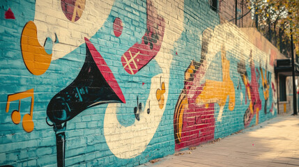 Obraz premium Street Art Graffiti Music-themed Mural on Brick Wall