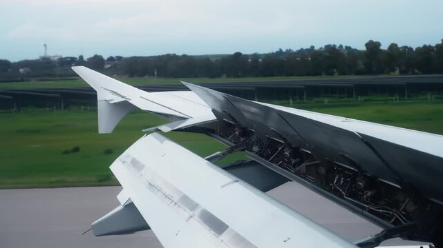 Airplane wing with spoilers deployed during landing rollout, viewed from a passenger window above the runway with green airfield and aviation mechanics visible.