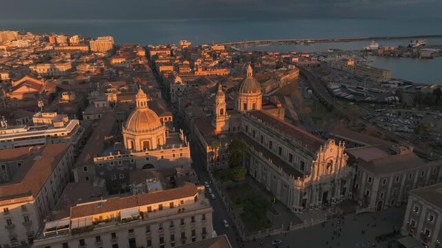 Drone Shot of Metropolitan Cathedral of Saint Agatha in Catania Sicily Italy Historic Center at Sunset