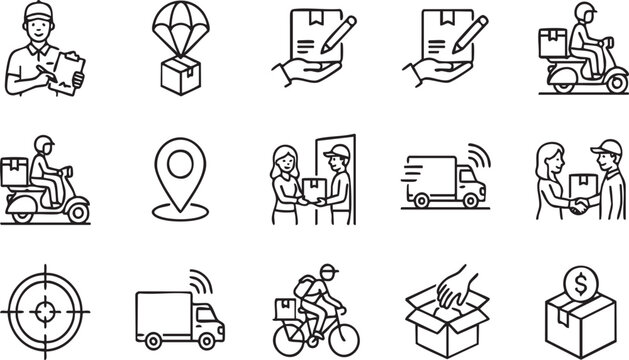 Delivery Service Icons: A collection of modern line art icons representing various aspects of delivery services, including couriers, vehicles, packages, and tracking.