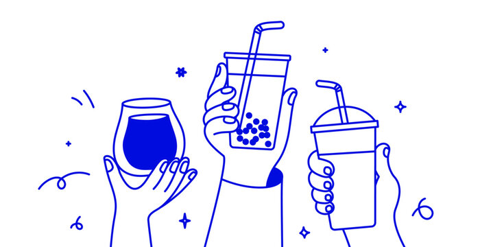 Vector hand-drawn illustration of hands holding various cold drinks including bubble tea,  iced coffee and latte, horizontal banner design  for cafe, coffee shop, summer drinks menu