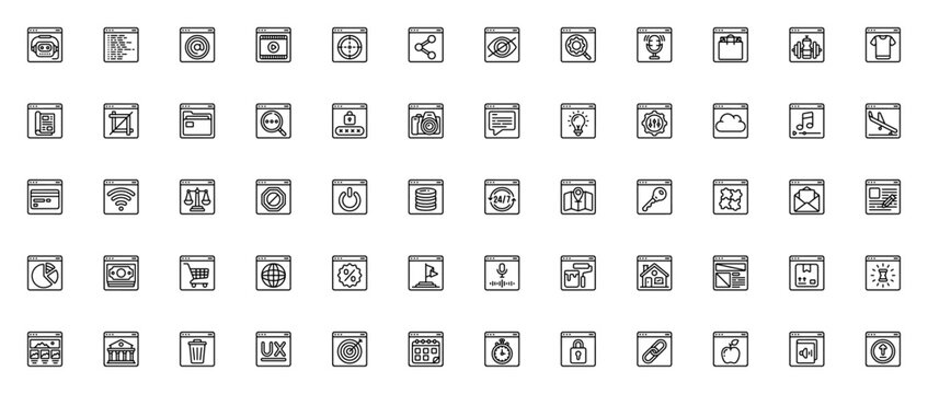 Websites icon set. Minimal vector icons pack for web design. Including symbols for chatbot, web programming, video player, seo, shopping bag, email, cloud, wifi, password, camera, message, and more.