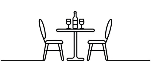 Fototapeta premium Table for two with wine glasses and bottle line art restaurant romantic