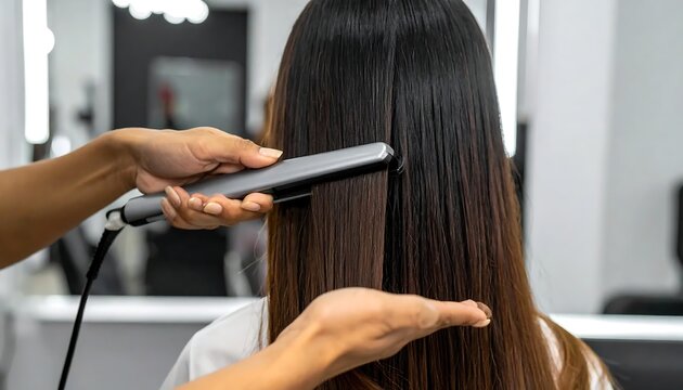Hair Stylist Straightening Long Dark Hair with Flat Iron in Modern Salon