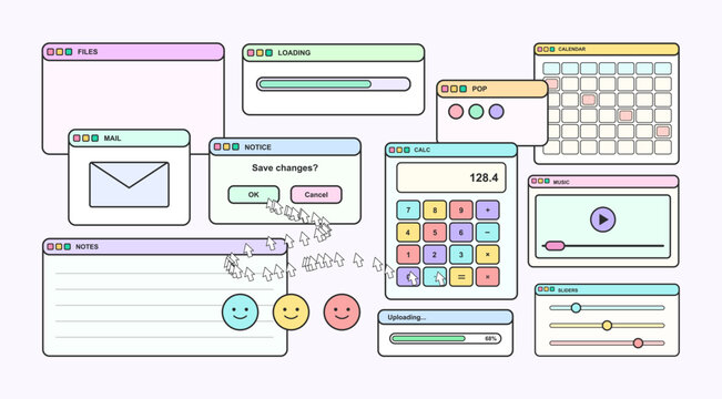 Retro Desktop Interface with App Windows and Cursors. Old PC interface in Y2K style, Playful vector illustration of overlapping retro app windows, calculator, calendar, mail. Vector set old pc style