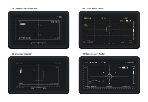 Camcorder Viewfinder Overlay Interface Set. Set of dark camcorder viewfinder screens with REC, zoom, interview, and documentary monitor HUD overlays, framing guides, battery icons, focus mark. Vector