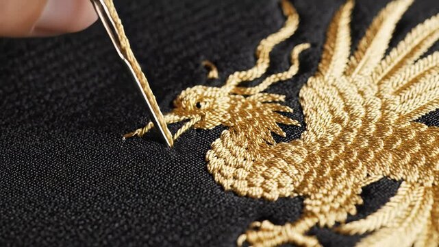 Delicate hands intricately stitch a luminous golden phoenix onto deep black fabric, beautifully illustrating the fusion of artistry and craftsmanship in every meticulous detail.