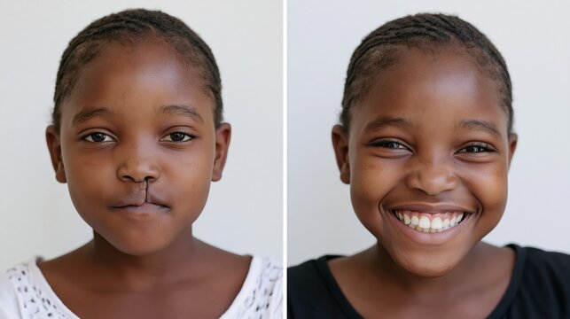 Split frame before and after cleft lip repair showing unrepaired and surgically healed lip.