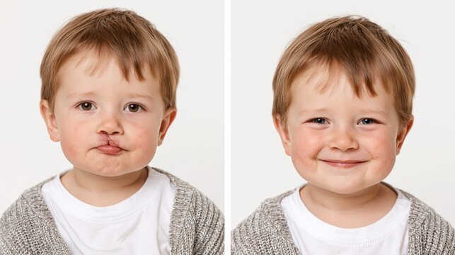 Split frame before and after cleft lip repair showing unrepaired and surgically healed lip.