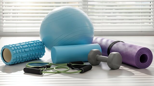 Home gym equipment including yoga mat and fitness ball.