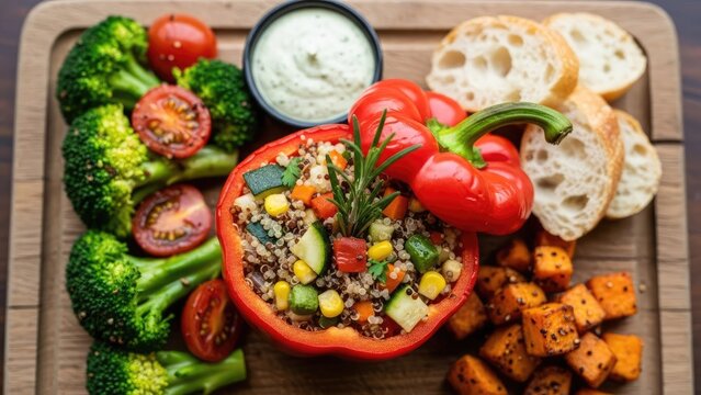 Healthy stuffed red pepper with broccoli and sweet potato.