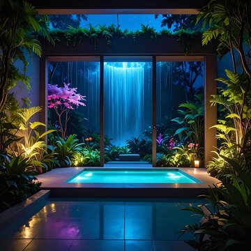 the image shows a serene courtyard scene with a small, rectangular pool illuminated in a bright blue. lush tropical plants surround the space, with a brightly colored tree peeking through