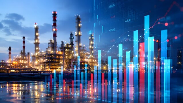 Oil refinery plant with glowing financial bar chart and rising market data showing energy industry growth petroleum production fuel investment analytics and global economy development concept