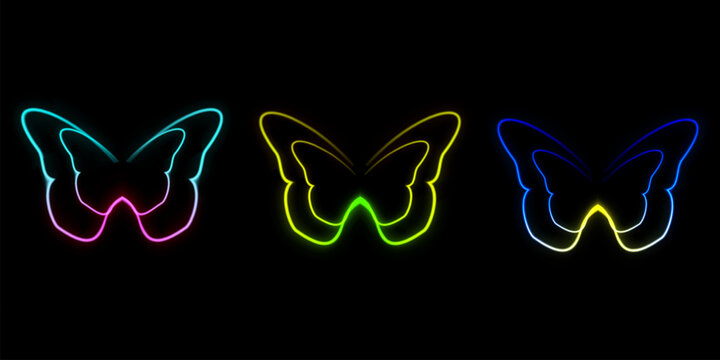 Set of multicolored glowing butterflies. Neon glow effect: yellow, green, pink, and blue. 3D vector illustration on a black background.