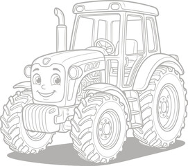 Obraz premium Cute cartoon tractor with smiling face, green wheels, and detailed farm vehicle in black and white line style