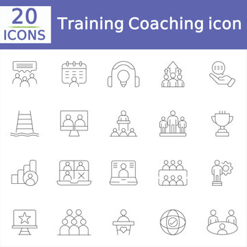  Training & Coaching icon set icons for coaching, workshop, education, seminar, advice, support, learning, Outline icon collection. Editable stroke. Vector