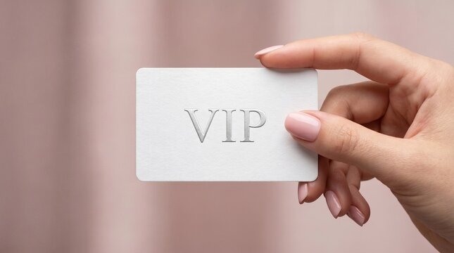 Hand with pink manicured nails holding a white premium VIP membership card on a soft pink background