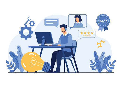 Technical support worker using computer and headset to help client with system issues for efficient workflow with lightbulb idea and gear mechanism icon.