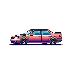 Fototapeta premium Retro pixel art illustration of a classic pink and purple sedan from 1980s in vibrant colors with detailed shading and vintage