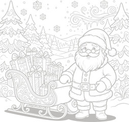 Fototapeta premium Santa claus in festive red suit holding wrapped holiday gifts, sleigh with presents, christmas holiday theme