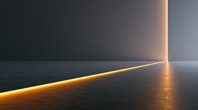 Warm light emanates from a narrow opening, illuminating a minimalist, dark interior