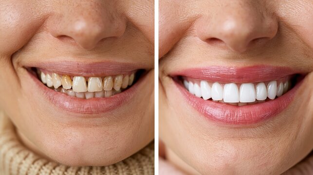 Split frame before and after showing stained uneven teeth transformed by white dental veneers.