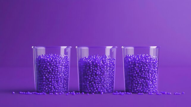 A 3D rendering of three glass cups with purple plastic polypropylene granules on a purple backdrop. These are masterbatch polymer grains.