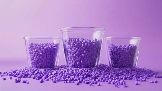 A 3D rendering of three glass cups with purple plastic polypropylene granules on a purple backdrop. These are masterbatch polymer grains.