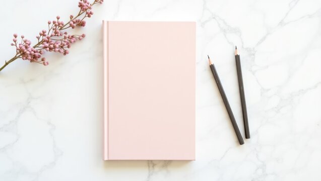 Blank light pink journal with metallic pens on white marble minimalist workspace