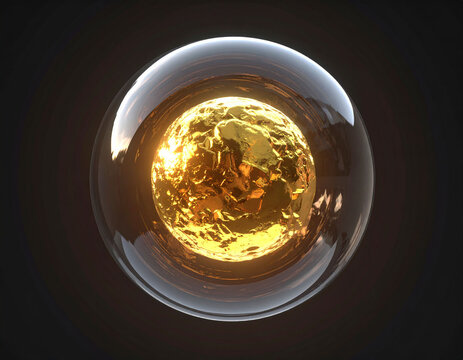 the image showcases a sphere with a clear outer shell surrounding a textured golden sphere. the clear shell has noticeable light reflections and depth