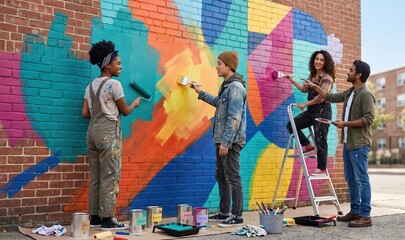 Obraz premium Community Mural Painting Project Diverse Group of People Creating Art