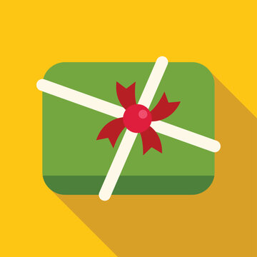 Green gift box with a red ribbon and white criss cross ties on a yellow background