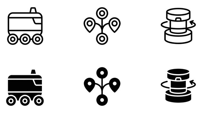 Set of logistics and data icons including autonomous delivery vehicle location network and rotary sensor